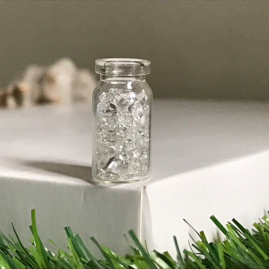 Herkimer diamonds gemstone bottle, tiny natural herkimer crystals in glass bottle